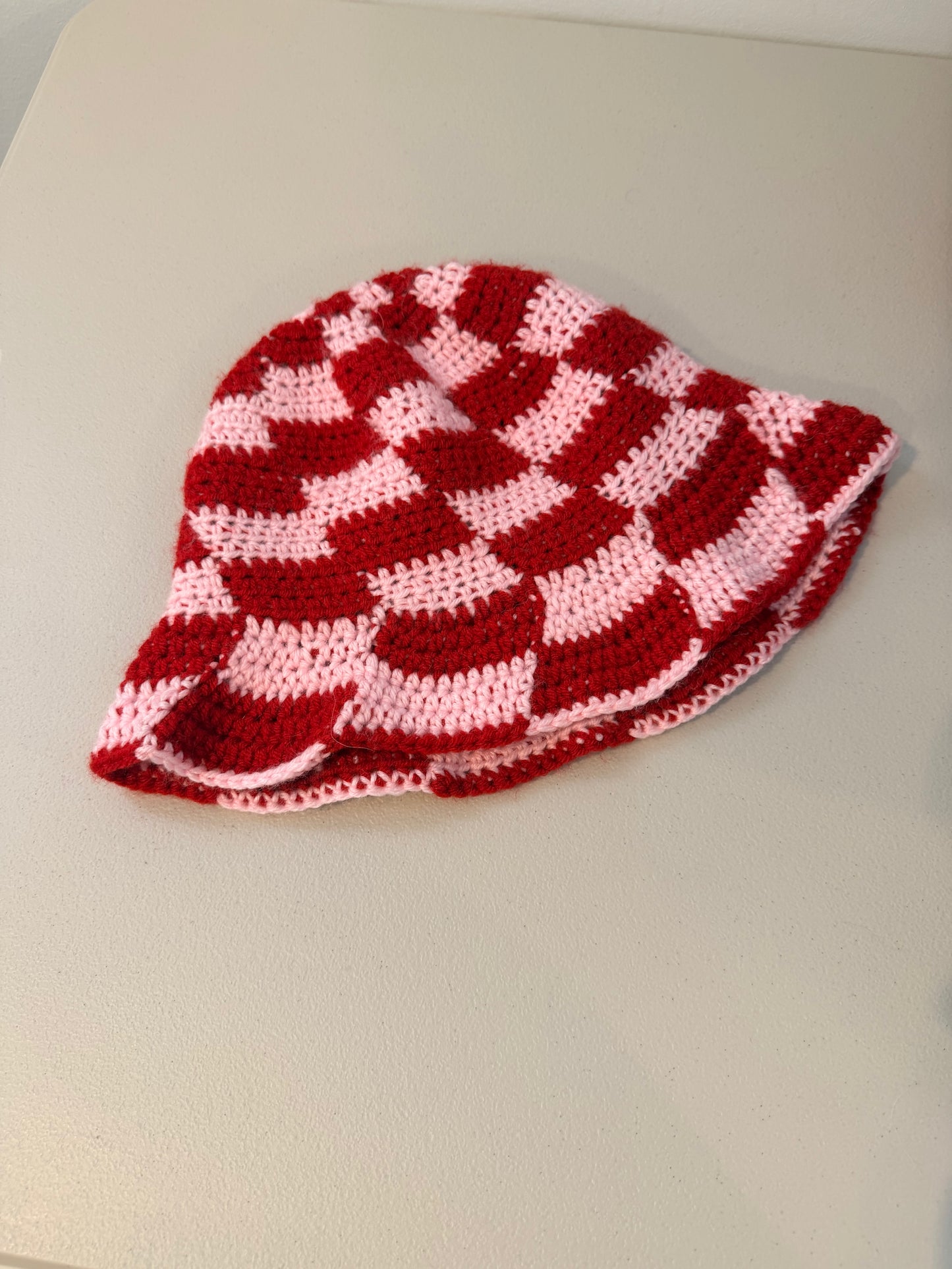 Lovey Dovey | warm tones | red & pink | crochet checkered adult medium bucket hat