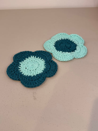 Valentine Crochet Teal Flower Coasters- Set of 2 Coasters